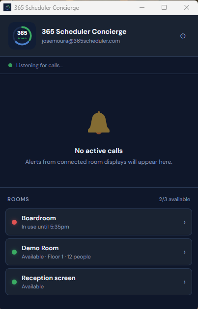 365 Scheduler Concierge — listening for calls with rooms overview